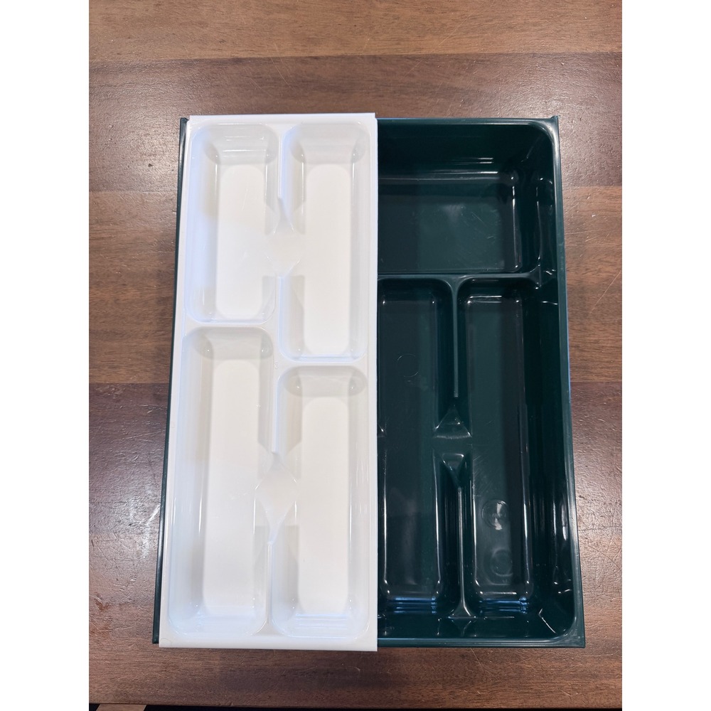 Vintage Forest Green and White Plastic Silverware Cutlery Drawer Organizer Set